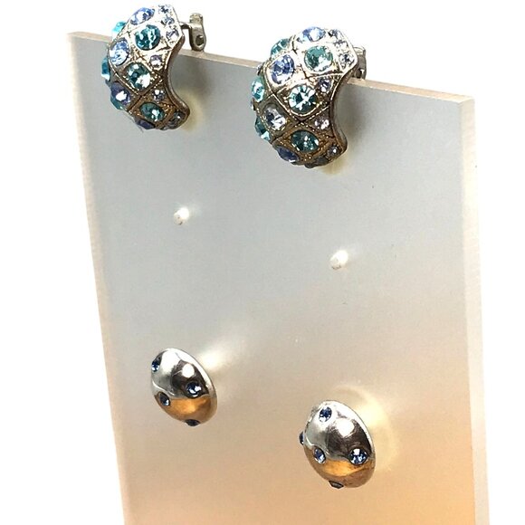 Crystal Studded Earrings Lot, 2 Pr Silver Tone with Blue Rhinestones, Fun Bundle - Picture 3 of 4